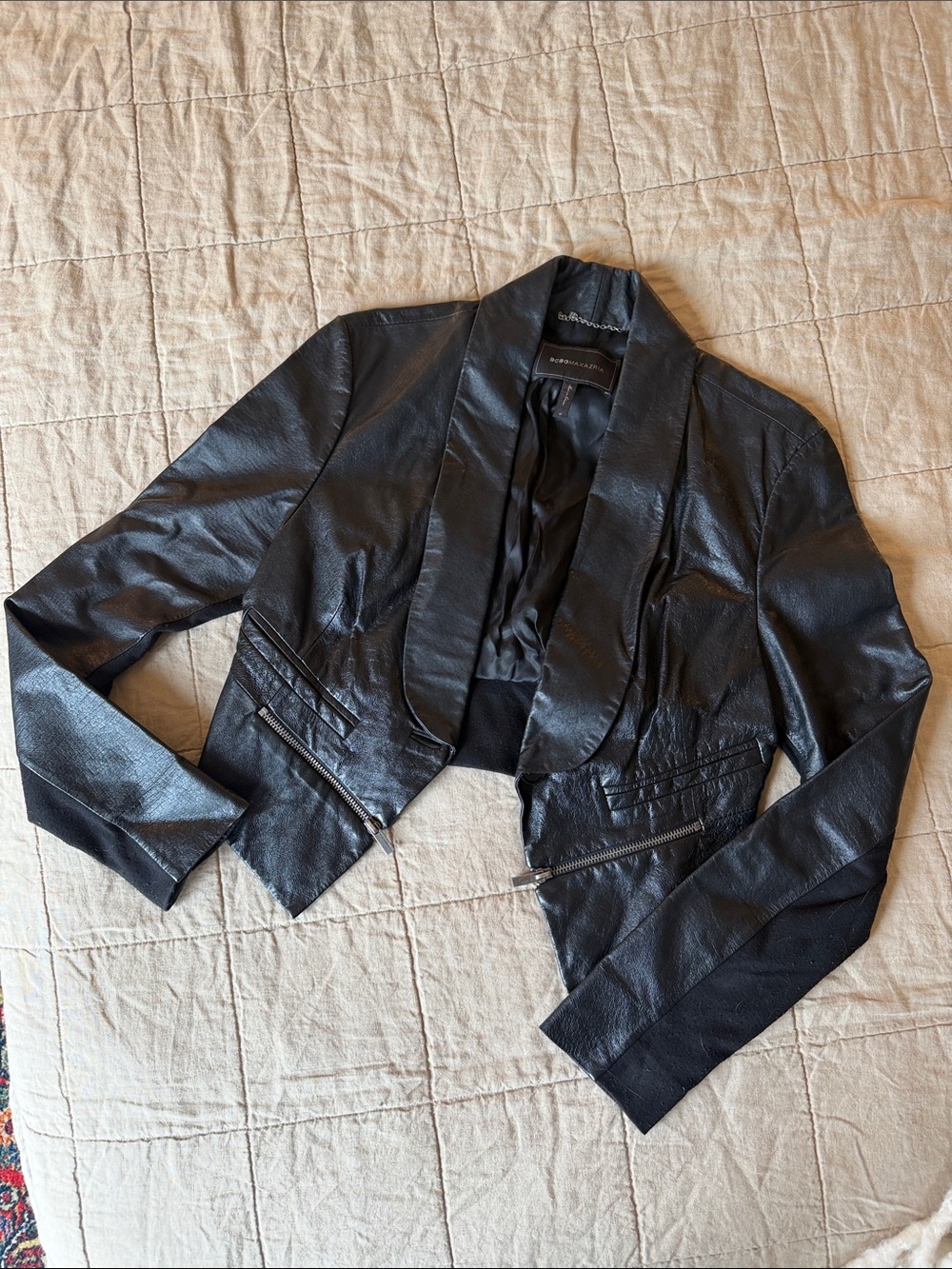 BCBGMaxAzria Black Cropped Leather Jacket with Shawl Collar